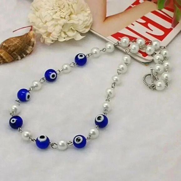 Handcrafted Turkish Evil Eye Glass Blue and White Pearl Beads 18" Long Necklace - Picture 1 of 2